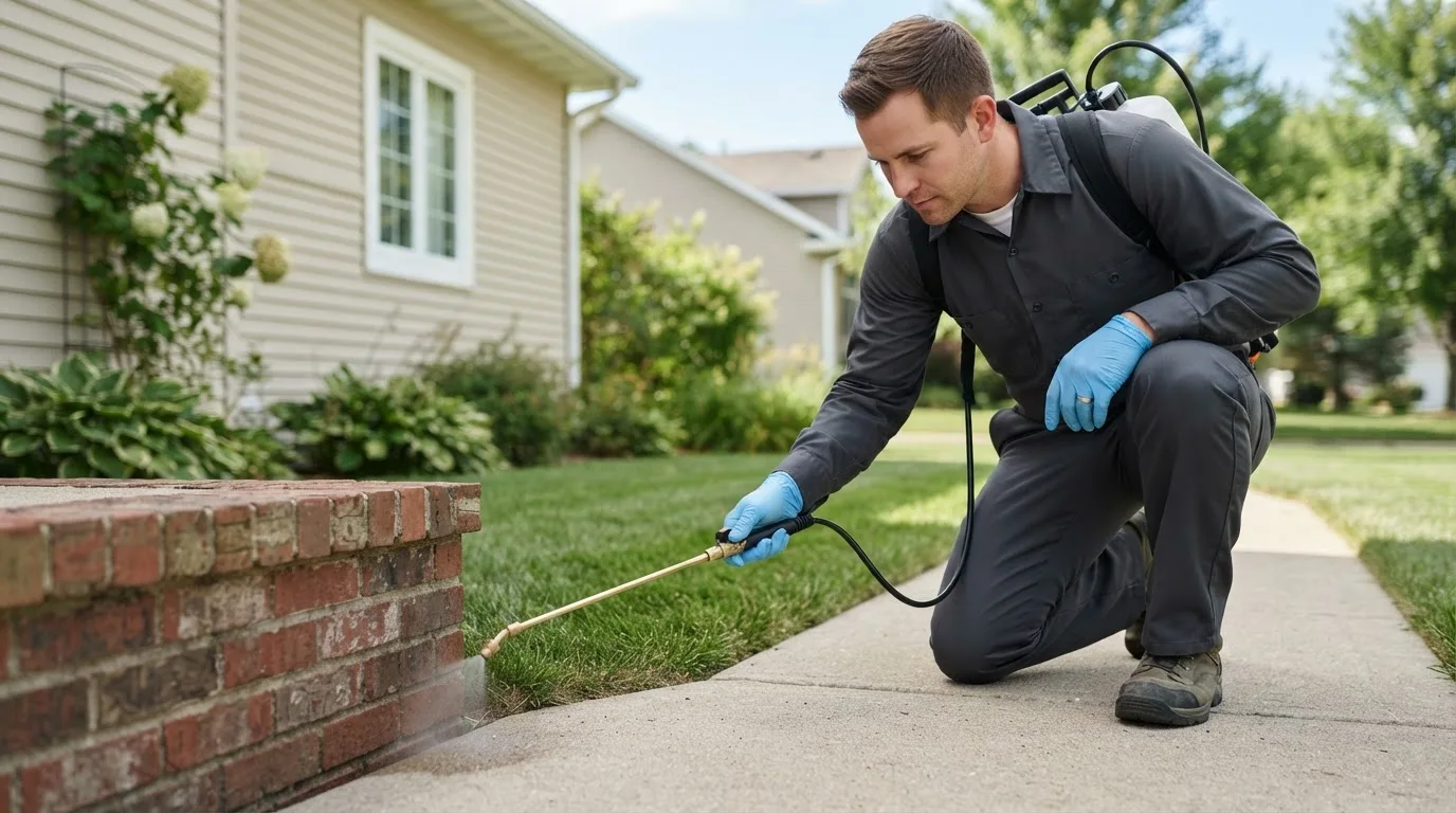 Pest control technician treating a home near East Moriches, NY