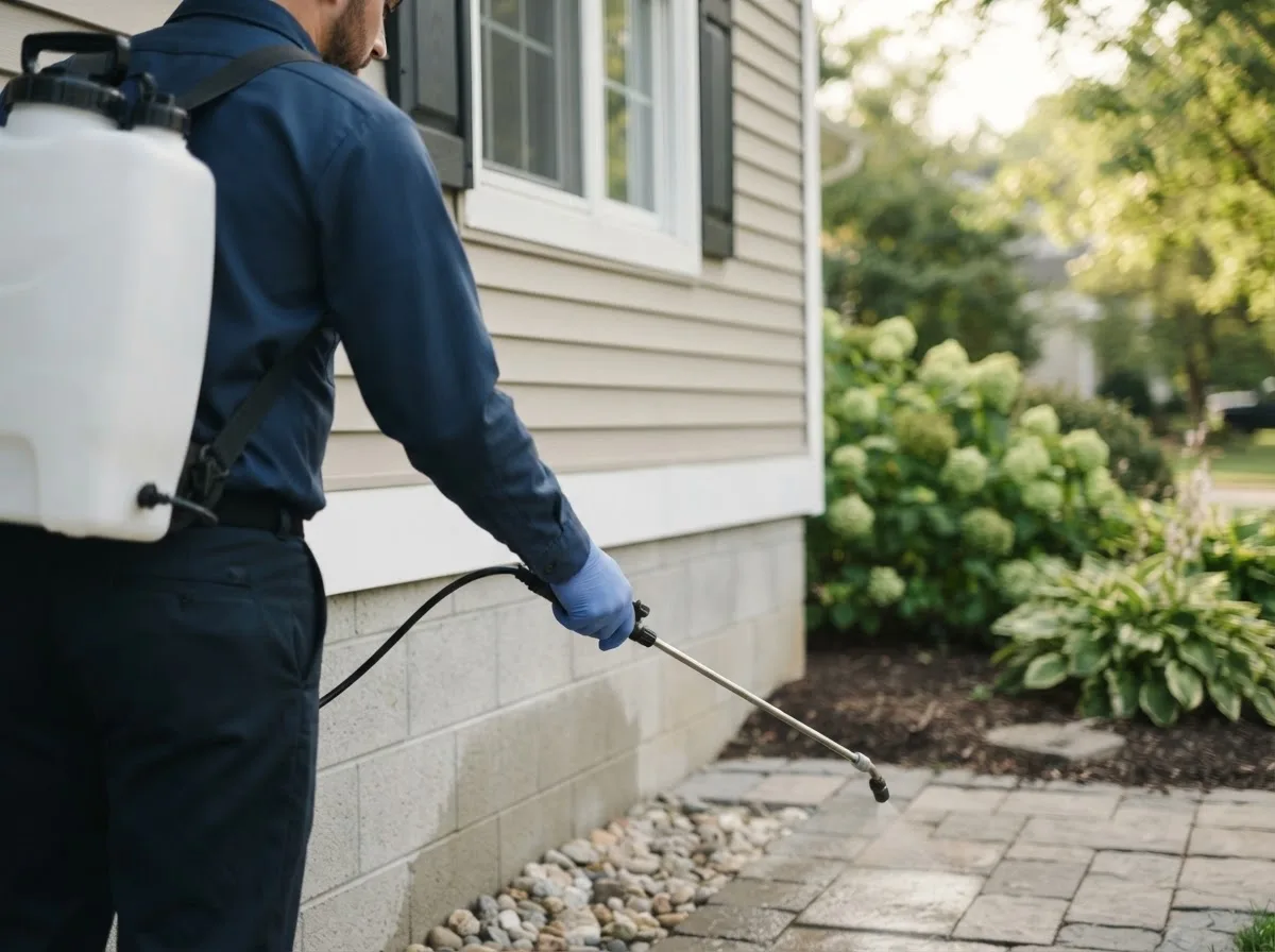 Pest control technician inspecting a home in East Moriches, NY